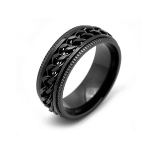 Sleek black titanium steel spinner ring featuring a rotatable Cuban chain link design
