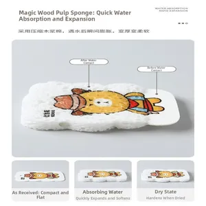 Cartoon bear wood pulp sponge expansion process from flat dry state to soft thick foam