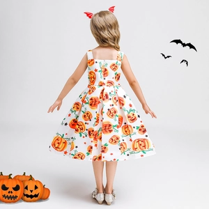 Back view of girl pumpkin dress with invisible zipper and Halloween theme prints