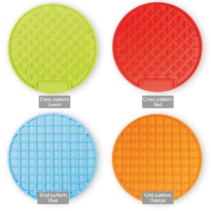 Silicone pet lick mats in four colors featuring non-slip suction cups and slow feeder textures