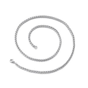 Polished stainless steel wheat chain necklace with lobster clasp in spiral arrangement