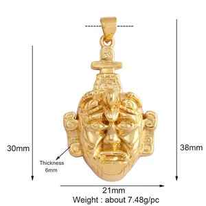 Detailed size specifications for a gold-plated ethnic mask pendant with measurements