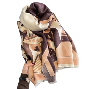 Brown cashmere-feel scarf with poker card patterns and stylish fringe details