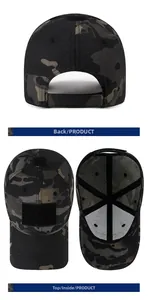 Detailed views of camouflage tactical cap featuring ripstop fabric and velcro panels