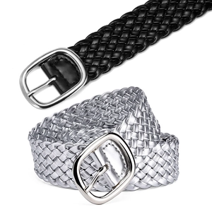 Women's woven faux leather belts in black and silver with polished metal pin buckles