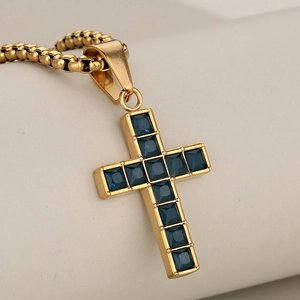 Iced out gold hip hop cross pendant with square blue stones on square bead chain