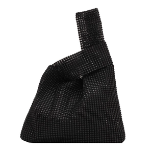 Sparkling black rhinestone knot handbag with unique triangular silhouette and knotted handle