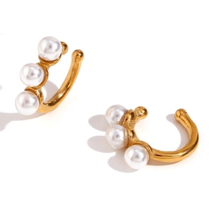 Elegant 18K gold plated stainless steel ear clips with three white pearls on white background