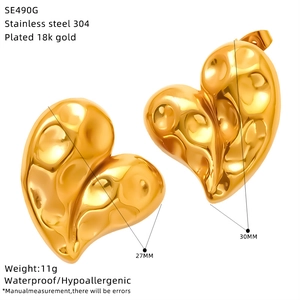 Minimalist 18K gold-plated stainless steel heart stud earrings with liquid metal texture