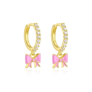 Elegant gold-plated S925 silver earrings with pink enamel bows and clear zircon crystals