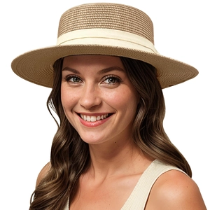 Cappello da sole in paglia a testa piatta da donna con nastro bianco per la spiaggia