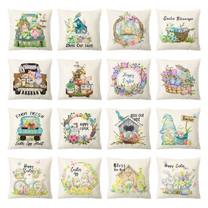 Collection of 16 Easter linen pillow covers with rabbit gnome and egg illustration prints
