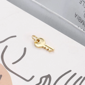 Macro view of a 18K gold plated key pendant with a smooth polished metallic finish
