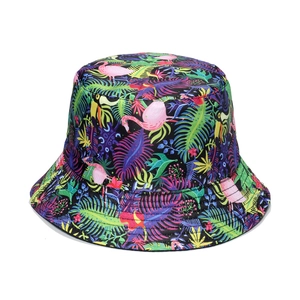 Chapeau de soleil bob pour femme avec imprimé tropical flamant rose et fleurs d'été