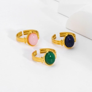 Anello aperto vintage in acciaio inossidabile dorato con pietra naturale ovale colorata