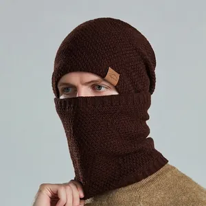 Men's winter dark brown knit beanie and neck warmer set with soft fleece lining