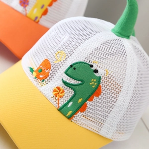 Macro detail of breathable mesh and embroidered green dinosaur on kids baseball cap