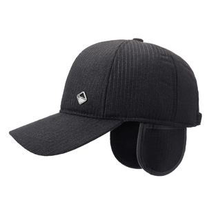 Winter striped baseball cap for elderly men with earflaps and warm black lining