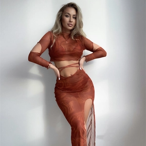 Two-piece mesh bikini set with long sleeves, hollow shoulders and brown marble print