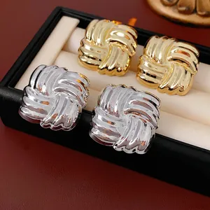 Textured Square Woven Stud Earrings With Silver Earring Post Vintage Chic Minimalist Metal Jewelry For Women