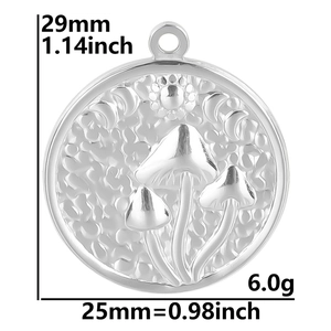 Silver celestial pendant size guide showing 25mm diameter and mushroom relief detail