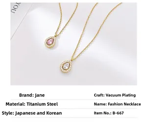Detail view of pear-cut zircon pendants in pink and white with gold vacuum plating