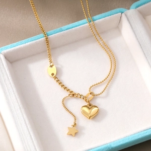 Gold-plated stainless steel necklace with heart pendant and mixed chain link design