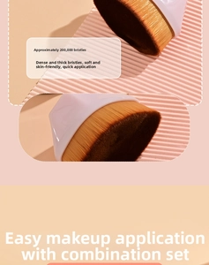 Detail showing high-density pink makeup brush with 200,000 soft synthetic bristles