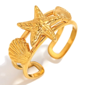Adjustable 18K gold plated stainless steel starfish and seashell open ring for women