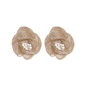 Elegant handmade lace flower stud earrings with fabric petals and center pearl detail