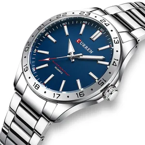 CURREN men's business quartz watch with silver steel band and dark blue dial
