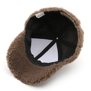 Brown sherpa fleece baseball hat showing plush exterior and 100% cotton inner lining