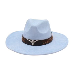 Detail of light blue cowboy hat featuring a leather band and silver bull head ornament