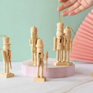 Set of 5 unpainted 13cm wooden nutcracker ornaments with gold cords for DIY painting crafts