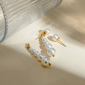 18k gold plated stainless steel pearl drop earrings with gradient sized pearl beads