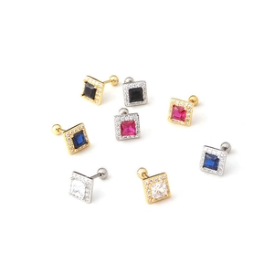 Square zircon stud earrings in gold and silver finish with colorful center stones