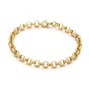Minimalist gold stainless steel round link bracelet with lobster clasp on white background