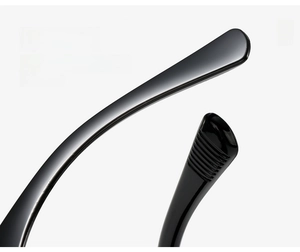 Close-up of glossy black curved temples on ergonomic fashion square sunglasses