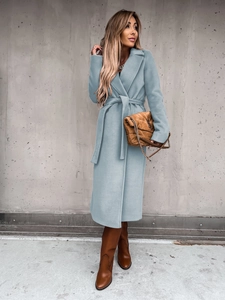 Detail view of light blue wool blend coat featuring elegant lapel and waist belt tie