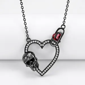 Gothic S925 silver black skull heart necklace with white zircon and red crystal pendant
