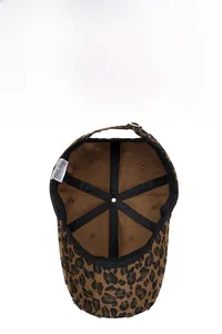 Detail of distressed leopard print cotton baseball cap with adjustable metal buckle closure