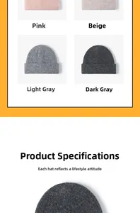 Detail view of ribbed knit beanies in pink, beige, light grey and dark grey colors