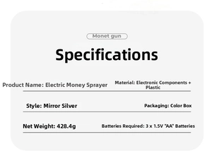 Detailed specifications of the electric silver money gun showing dimensions and battery needs