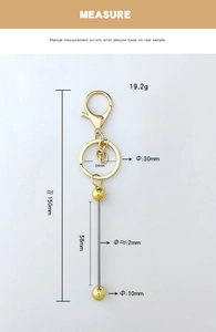 Detailed size chart of gold beaded keychain with dimensions 150mm length and 30mm ring
