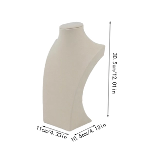 Beige velvet necklace display stand and portrait neck bust with detailed dimensions