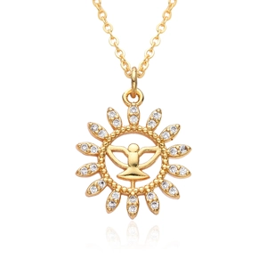 Minimalist 18k gold sun pendant necklace with crystal zircons and central relief design