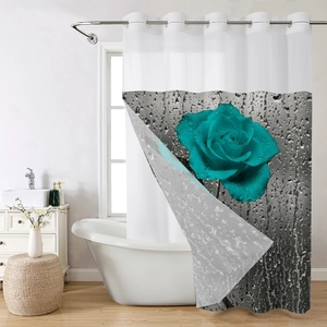 Waterproof shower curtain with blue-green roses and realistic water drops pattern