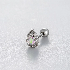 Silver water-drop iridescent cartilage stud earring with cubic zirconia and screw back