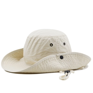Beige wide brim sun hat with breathable vents and adjustable drawstring for outdoor use