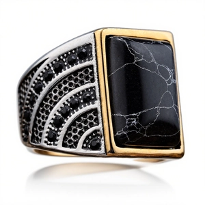 Vintage gold and silver stainless steel ring with black marble stone and side crystals